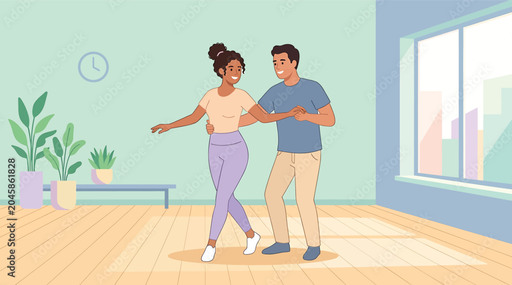Obraz premium Happy couple dancing, young adults having fun, indoor scene, vector illustration, pastel colors
