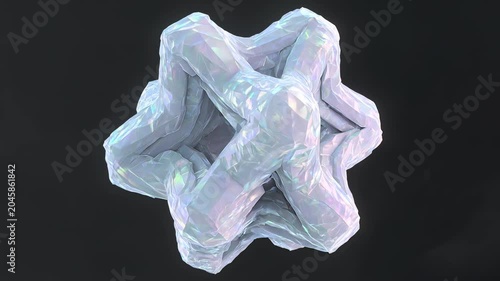 Microscopic visualization of amino acid chain folding into complex 3D protein structure with iridescent glow crystalline motion and cinematic lighting