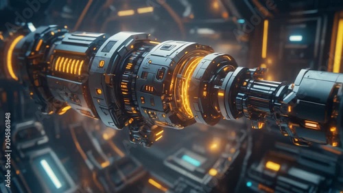 Rotating mechanical engine core with glowing orange energy rings in this futuristic digital motion animation clip