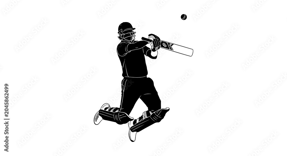 Fototapeta premium Cricket player silhouette against a white background dynamic sports illustration