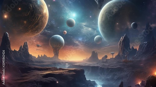 Alien exoplanet landscape featuring glowing moons and distant stars in this cinematic science fiction motion video