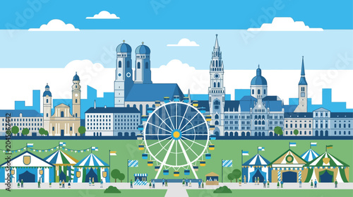 A minimalist flat design illustration of the iconic Munich skyline, subtly integrated with recognizable Oktoberfest festival elements in the foreground. 