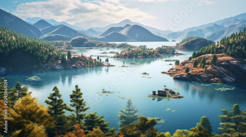 Discover the quiet majesty of a remote mountain lake nestled among rolling peaks and autumn-kissed islands.