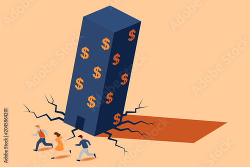 фотографія Building collapse dollar signs people running financial crisis, economic disaster business failure concept illustration