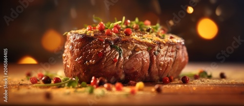 Savor the exquisite presentation of a perfectly seared gourmet steak seasoned to perfection.