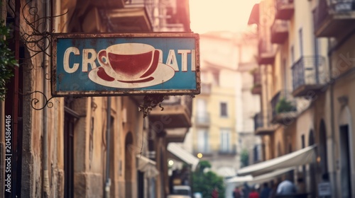Savor the rustic charm of coffee culture along a sun-drenched European street.