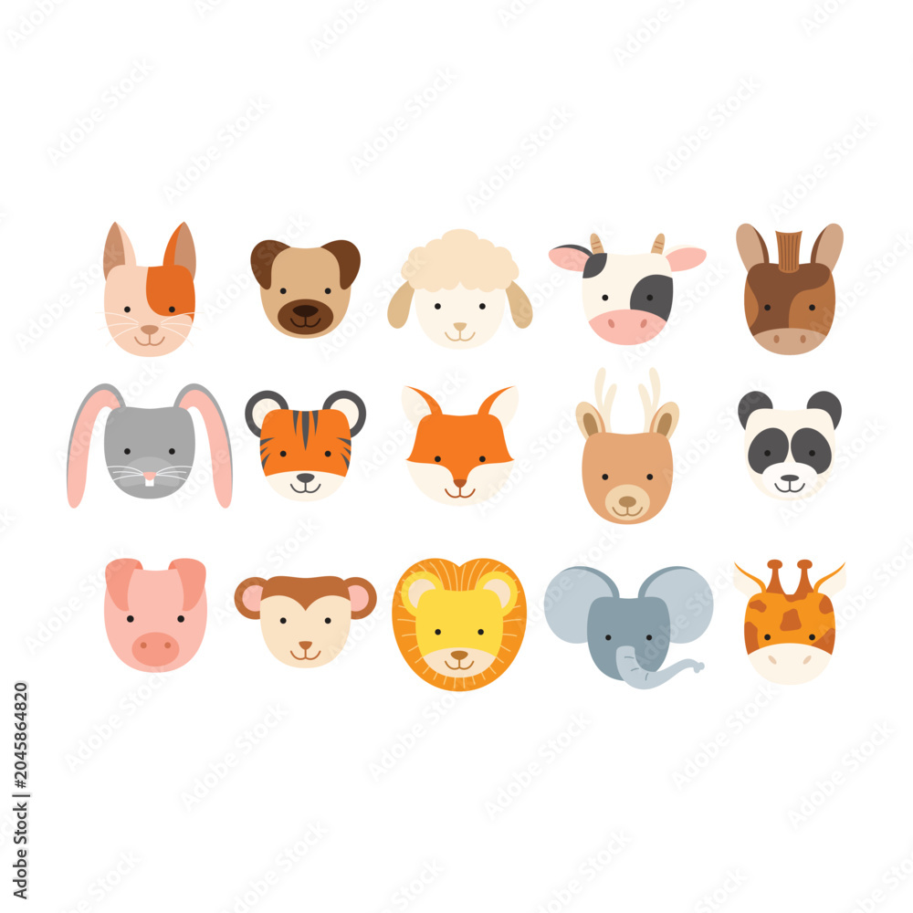 Fototapeta premium Animal Face Illustration. Child style woodland and exotic animals vector illustration isolated in white background. Cute animal characters, funny head portraits set. Modern cool sassy avatars. 