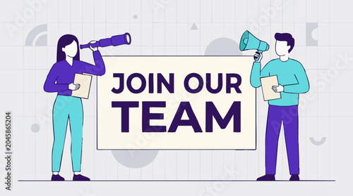 Join Our Team concept with flat design people, telescope, and megaphone