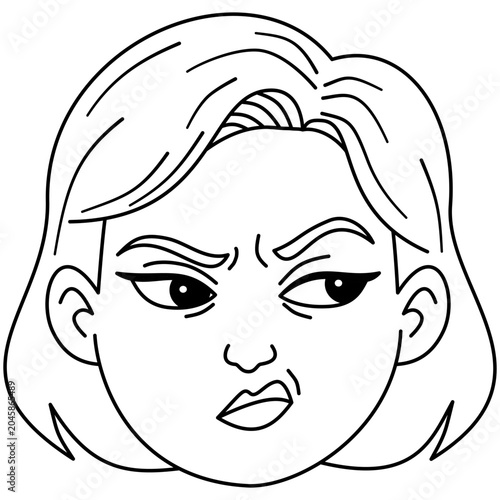Foto Skeptical and Displeased Young Woman Face Line Art Vector Illustration