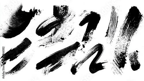 Collection of black ink brush strokes isolated on white background