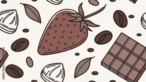 Chocolate, strawberry, coffee seamless pattern, sweet food illustrations, dessert background