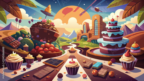 Colorful dessert landscape, sweet treats, food illustration, vector graphics