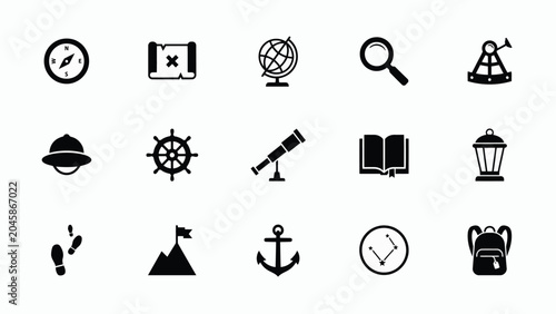 Foto Set of black adventure and exploration flat icons including compass map globe and sextant