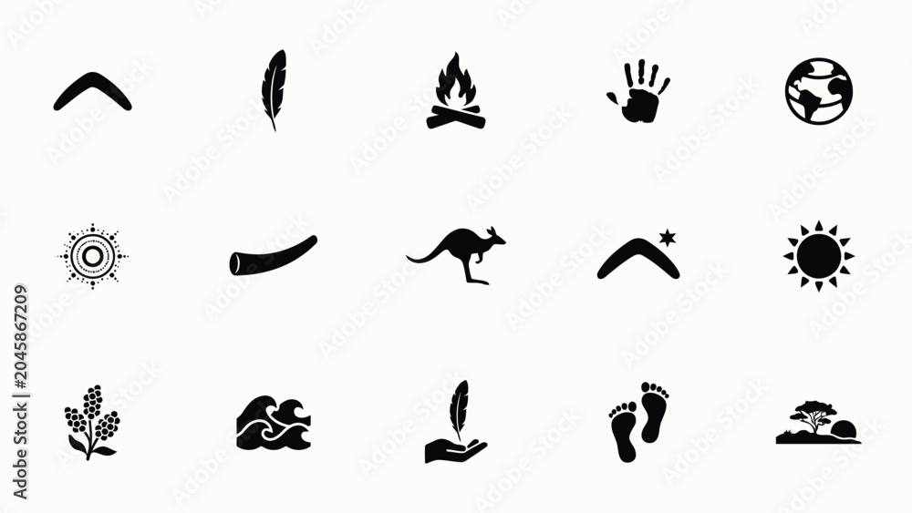 Fototapeta premium Boomerang, feather, campfire, handprint, globe, sun mandala, horn, kangaroo, waves, hand holding feather, footprints, landscape icons.