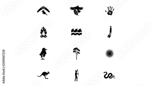 Bild auf Leinwand Aboriginal lifestyle and nature icons set portraying Australian indigenous life elements