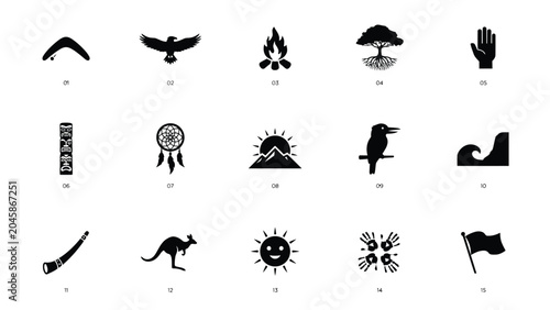 фотографія Aboriginal culture icons set collection for national indigenous day celebration in black