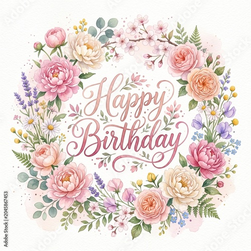 Elegant Floral Happy Birthday Watercolor Wreath