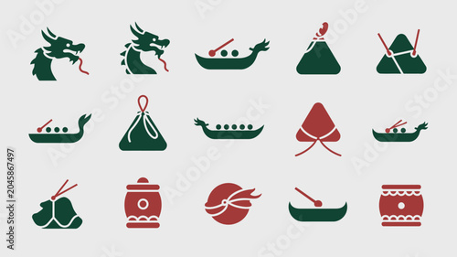 Colorful dragon boat festival flat icon collection with drums and rice dumpling elements.