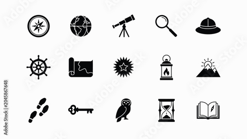 Photos Adventure and discovery icons set featuring compass globe telescope magnifying glass and pith helmet
