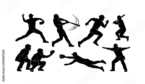 Obraz na płótnie Baseball Player Silhouette Vector Set with Dynamic Action Poses and Game Moments