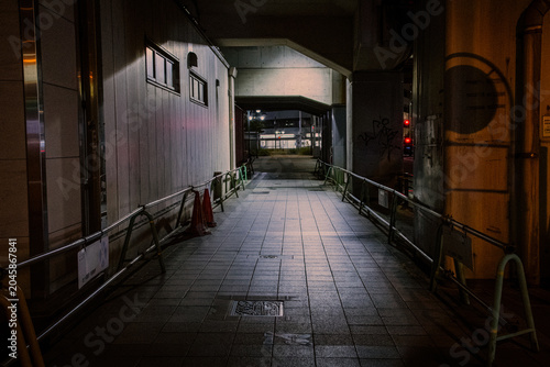 Empty pedestrian corridor in city illuminated by artificial light