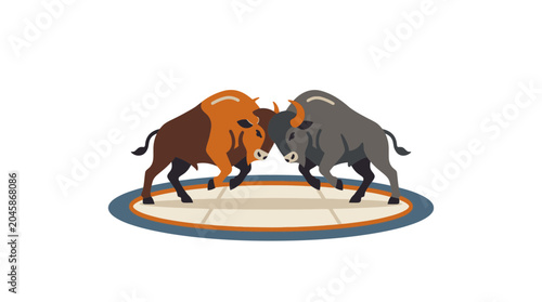 Foto Two bulls fighting head-on, representing competition, conflict, and strength in a ring