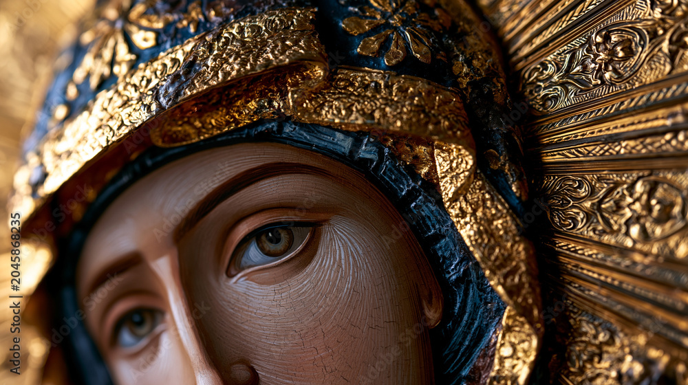 Fototapeta premium Gilded Byzantine halo icon close, hammered gold leaf repoussé surface catching oblique candlelight, intricate engraved halo rays surrounding sacred portrait, tempera on aged oak panel, encaustic var
