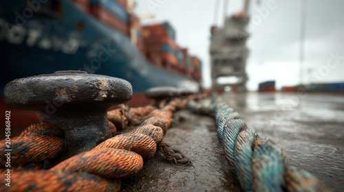 Heavy weathered mooring ropes and a rusted bollard secure a towering container ship at a gritty wet industrial quay under an overcast sky at the cargo port