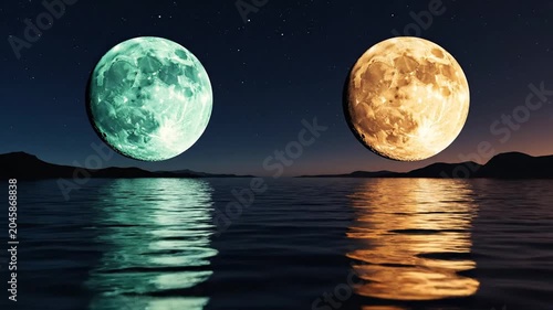 Two moons hovering above water surface at night with reflection