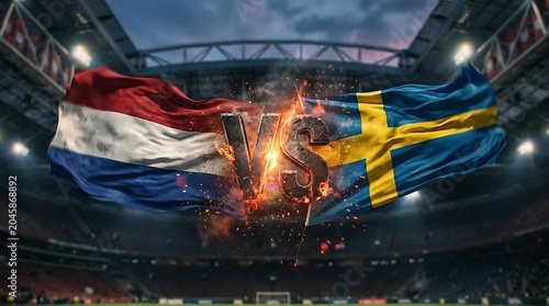 Netherlands VS Sweden football match. An exciting 3D stadium scene featuring two national flags facing each other for a global soccer championship.
