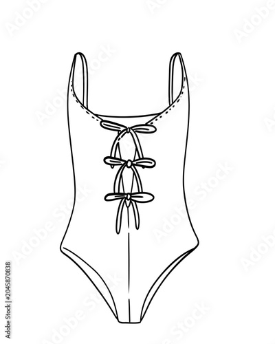 Hand-drawn sketch style swimsuit vector illustration. Fashion beachwear outline, elegant swimwear design, monochrome contour drawing, isolated on white background, summer apparel concept art.