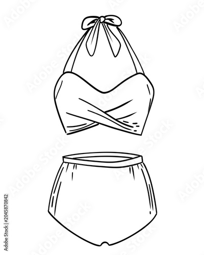 Hand-drawn sketch style swimsuit vector illustration. Fashion beachwear outline, elegant swimwear design, monochrome contour drawing, isolated on white background, summer apparel concept art.