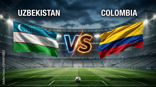 Uzbekistan VS Colombia football match. A dramatic 3D render of national flags competing in a packed stadium under bright lights.