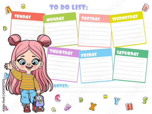 To do list for writing plans for the week with a cute cartoon longhaired girl holding backpack