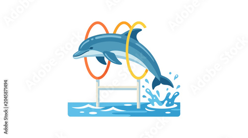 Fotografía Dolphin jumping through hoops in water, playful marine mammal performing trick,