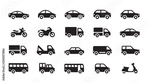 Obraz na płótnie Solid icon set of transport vehicles including cars trucks buses motorcycles and scooters