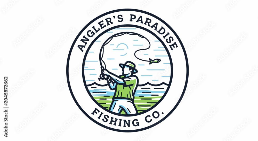 Fototapeta premium Angler's Paradise Fishing Co. Logo: Fisherman Casting Line in Circular Emblem