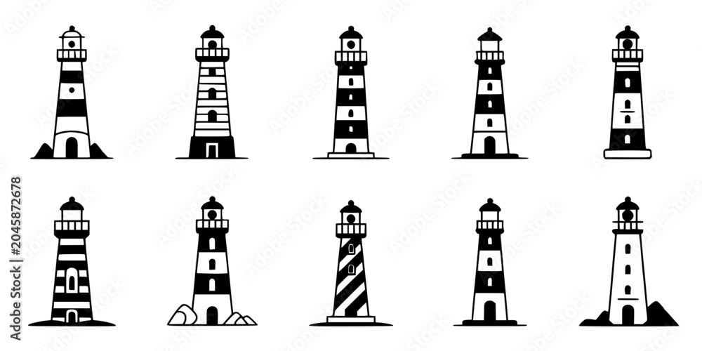 Fototapeta premium Lighthouse Icons Set of Black and White Vector Illustrations with Different Shapes and Windows for Navigation and Marine Design