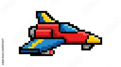 Принти на полотні Retro pixel art spaceship fighter jet, 8-bit style, isolated on white