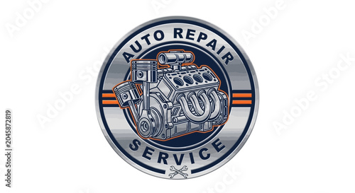 Auto Repair Service Emblem with Engine Illustration