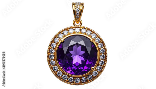 A dazzling gold pendant featuring a large faceted amethyst surrounded by clear cubic zirconia.