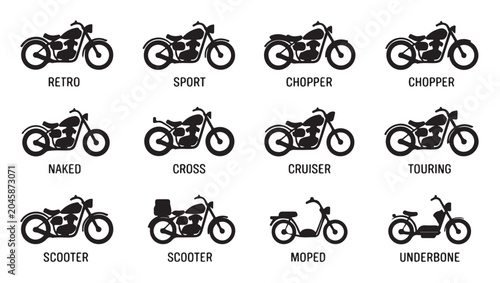 Bild auf Leinwand Motorcycle types icons set retro sport chopper naked cross cruiser touring scooter