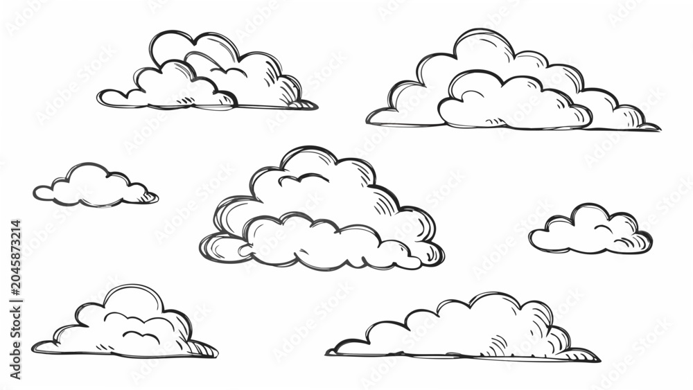Fototapeta premium Cloud Formations Drawn In Black Ink Sketch Style Illustration