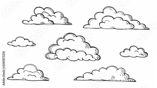 Cloud Formations Drawn In Black Ink Sketch Style Illustration