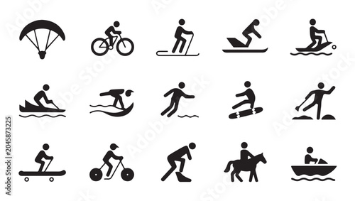 Photos Extreme sports and outdoor activity icons parachute cyclist snowboarder surfer skateboarder rider