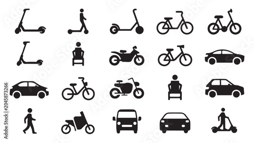 Bild auf Leinwand Set of city transport icons featuring various electric scooters and bicycles and motorcars