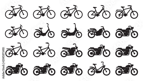 Bicycle and motorcycle silhouettes set showcasing different frame styles and motor types.