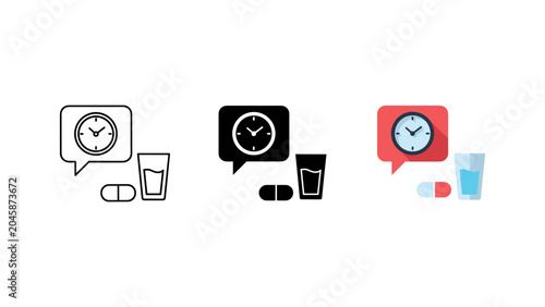 Bilde på lerret Icon set of medication dosage reminder with clock and water medication medicine