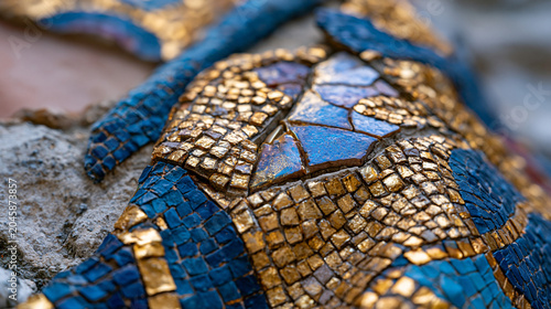 Byzantine mosaic apse detail fragment close, gold tesserae setting angle variation creating surface shimmer, vitreous glass face tile, opus vermiculatum contour joint, fifth-century heritage conserv