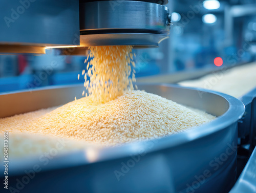 Rice grain processing modern mill machine industrial conveyor harvested grain stainless steel hopper automated factory food production blue light close up pile of rice